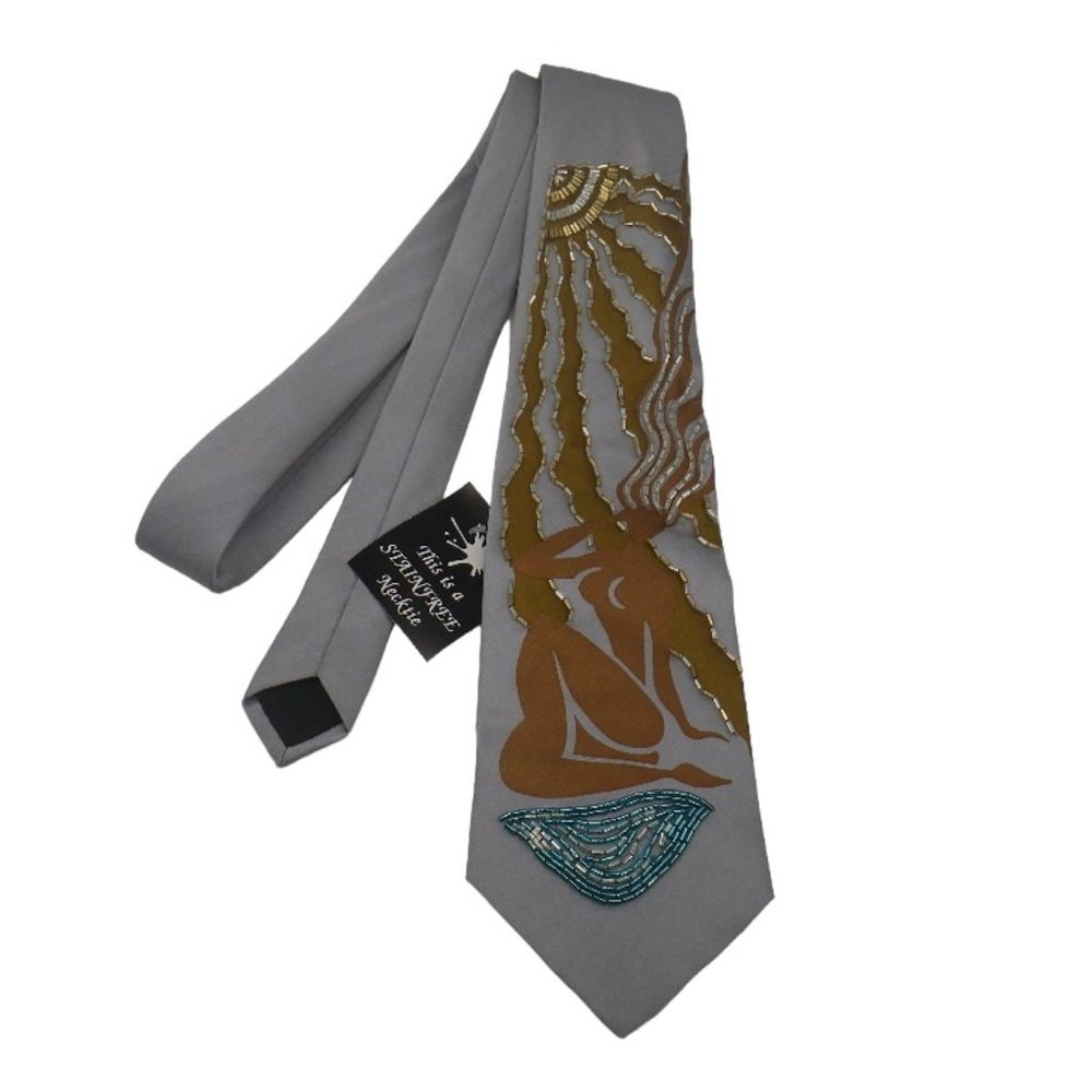 Silver‎ Gray Silk Necktie with Beaded Gold Aquarius, Sun Water, Novelty Tie, NWT